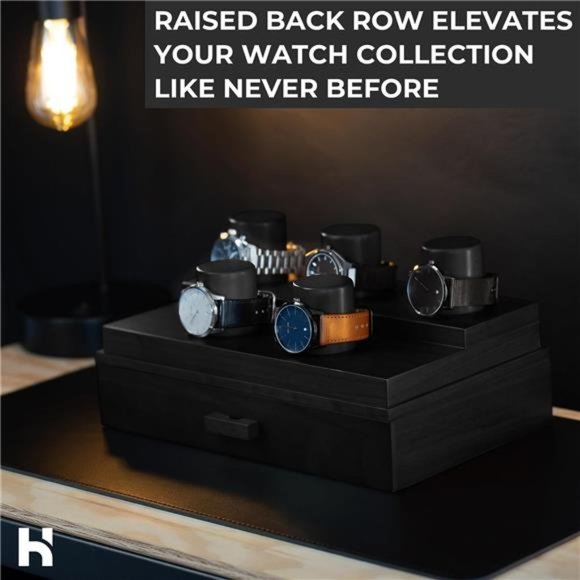Watch Box Organizer for Men - 5 Pillar Watch Holder with Acrylic Cover, Black - Picture 6 of 6